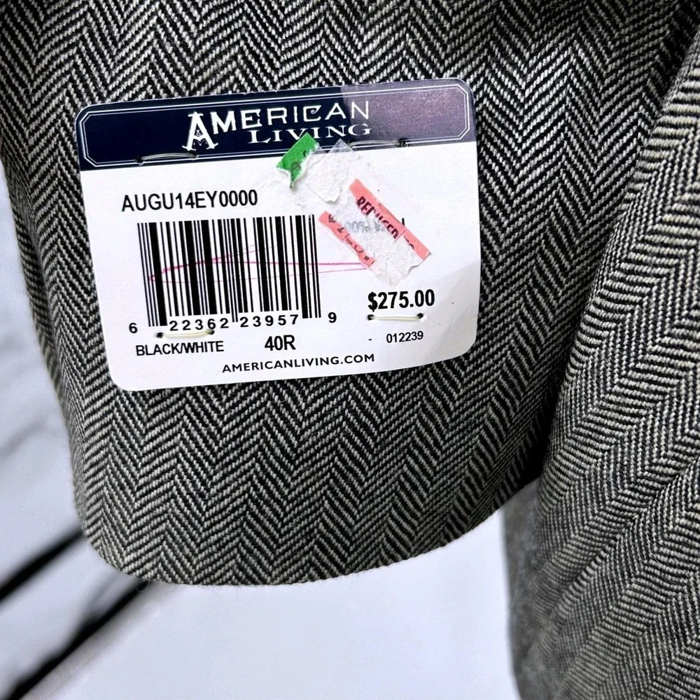 Mens Classic Herringbone Wool Blazer 40R Grey‎ Sport Coat American Living
